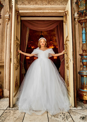 Cold Shoulder Beaded Ivory Tulle V Back Princess Flower Girl Dress